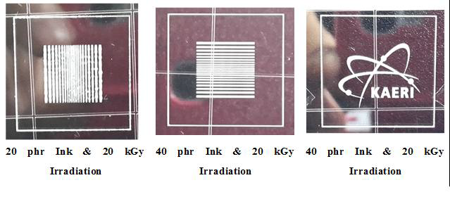 Picture of the screen printed samples on PET films, cured by electron beam irradiation 20 kGy.