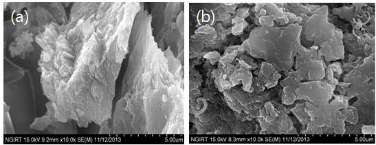 FE-SEM images of LDH (a)Mg-Al-(NO3) LDH (b)SDBS/Mg-Al-(NO3)