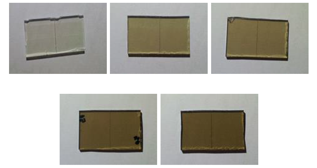 Images of glass with EB treatment 0 kGy (a), 5 kGy (b), 10 kGy (c), 50 kGy (d), 100 kGy (e)