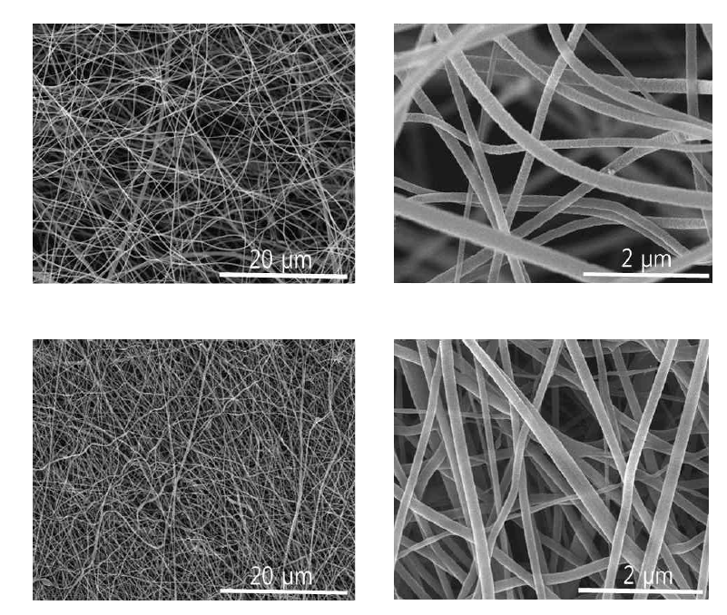 SEM images of PAI nanofiber with electro-spinning (a, b), PAI nanofibe with heat treatment during at 220 oC (c, d)