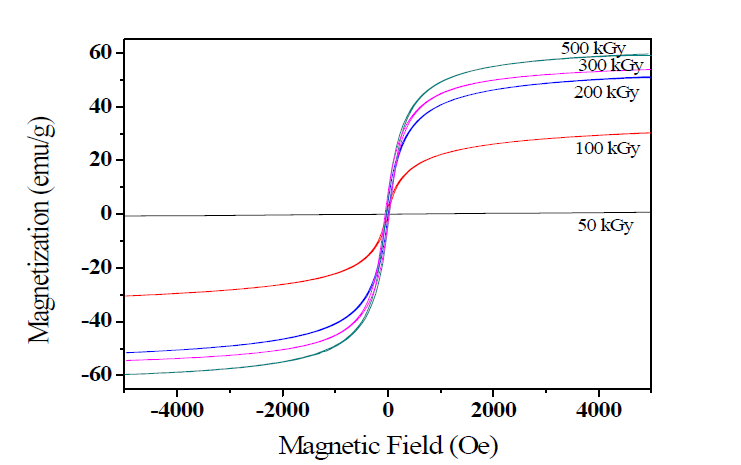 Hysteresis loops of synthesized γ-Fe2O3 nanoparticles with various electron beam irradiation doses.