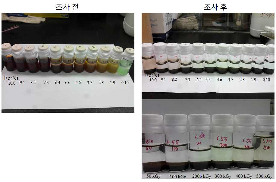 Irradiated nickel-ferrite alloy solutions with absorbed dose of 200 kGy.