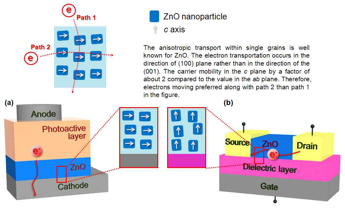 Schematic images of electron mobility of ZnO with crystal direction (a) thin film transistor (b) images of ideal crystal direction of ZnO.