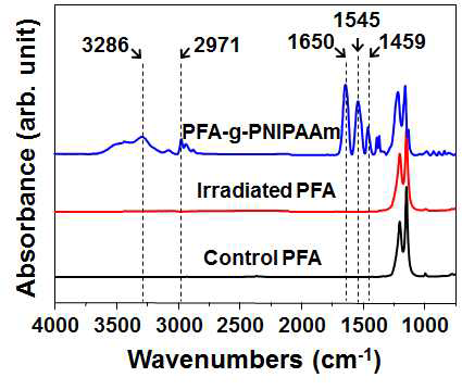 순수한 PFA,　이온빔 조사된(irradiated) 것, PNIPAAm 이 도입된(PNIPAAm-grafted) PFA 표면의 FT-IR 스펙트럼.