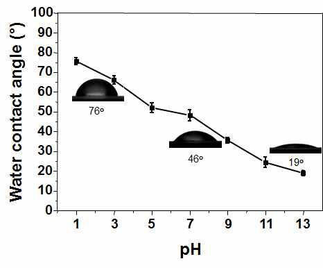 PAA가 도입된 PFA 기판의 pH 증가에 따른 접촉각 변화.