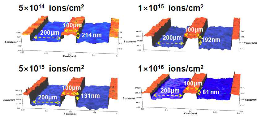 다양한 이온빔 조사량에서 형성된 PAA 패턴들의 3차원 표면단차 이미지.