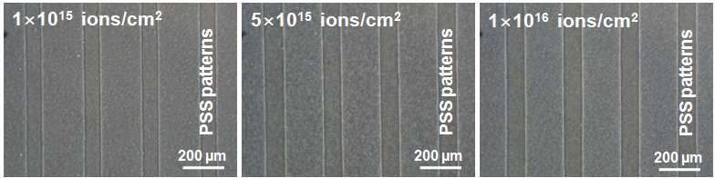 다양한 이온빔 조사량에서 형성된 PSS 패턴들의 광학현미경 사진.