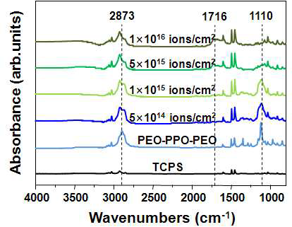 TCPS 기판 및 이온빔 조사량에 따른 PEO-PPO-PEO 표면의 FT-IR 스펙트럼.
