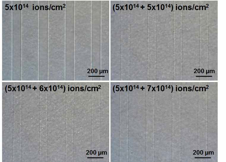 다양한 이온빔 조사량에서 형성된 패턴들의 광학현미경 사진.