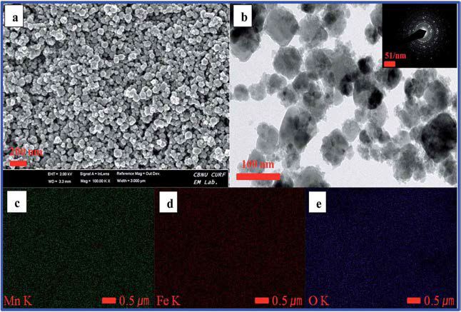 SEM (a), TEM 및 SAED (b), Mn mapping (c), Fe (d) 그리고 MnFe2O4 이미지(e)