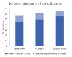 Percent reduction in cumulative varicella cases according to contac matrices.