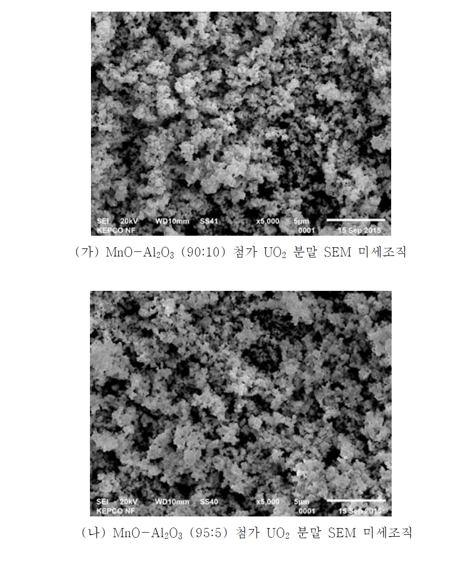 MnO-Al2O3 첨가 UO2 분말의 SEM 미세조직