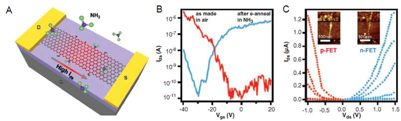 A)암모니아 가스 흡착에 의한 그래핀의 전기물성 변화 개념도, B) 공기중 일반 그래핀 (파란색)과 암모니아 가스분위기에서 Joule-열 처리에 의한 그래핀 전기물성 변화 곡선, C) 열처 리 전후의 그래핀의 전하 종류에 따른 스위칭-특성 변화 곡선.