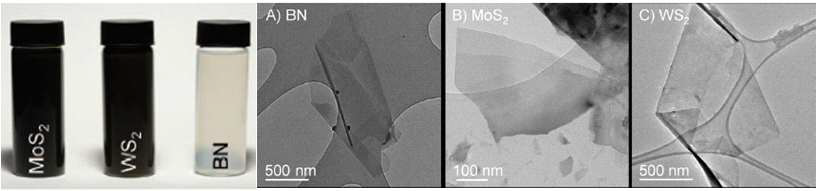 왼쪽부터- MoS2, WS2, BN 등의 원자층상 소재들을 액상에서 초음파 분산된 용액 시료 이미지, BN, MoS2, WS2 각 시료의 투과전자현미경(TEM) 이미지