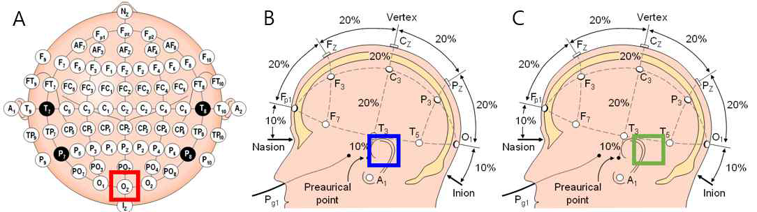 SSVEP 신호 측정 위치* (A : 표준 전극 위치, B : 귓속, C : 귀 근처)