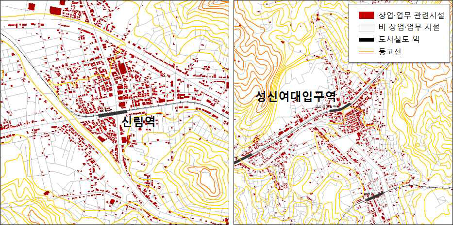 신림역일대(좌)와 성신여대입구역일대(우) 도시철도 역과 상업·업무 시설 및 지형 여건