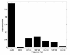 fMRI 뇌 활성 데이터를 40/60Hz의 두 그룹으로 나누어 separability index를 계산하였을 경우 뇌 활성 패턴이 가장 큰 차이를 보임 (boundary frequency = 50Hz)