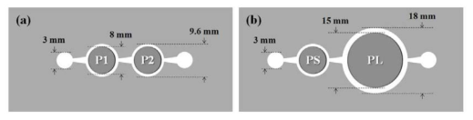 Dimension of (a) the Type I micropump and the Type II micropump composed of serially connected two diffuser pumps. The inlet and the outlet valves have the same diameter. All diffuser channels of both micropumps have the same geometry.