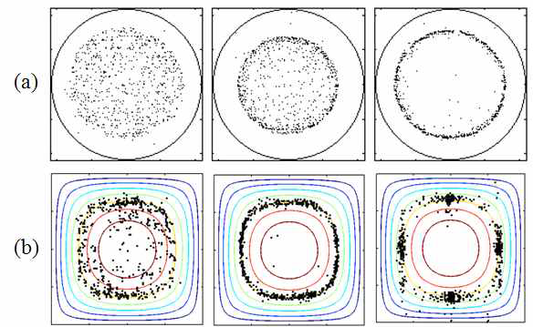 Distribution of particles in circular microtube flows and square microchannel flows.
