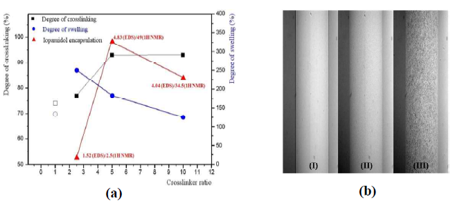 (a) Variation of degree of crosslinking, degree of swelling and Iopamidol encapsulation according to the crosslinker ratio. The hollow symbols represent those of the empty capsule. (b) X-ray image of (Ι) only tube, (ΙΙ) whole blood in a tube, (ΙΙΙ) whole blood seeded with developed tracer particles.