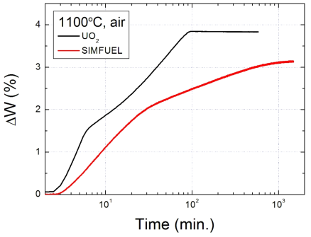 UO2 및 모의 사용후핵연료 소결체의 1100℃ 공기 분위기 산화 곡선