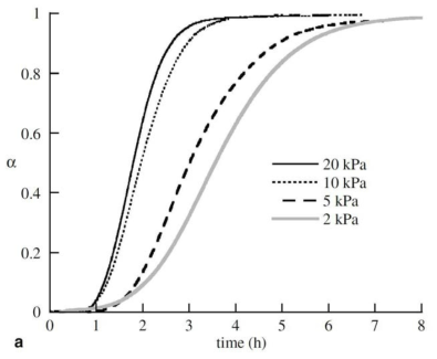 다양한 산소 분압 하에서의, 시간에 따른 UO2 소결체 산화 곡선 (370℃, α=Fractional conversion, [29])