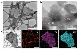(a) 2-D nanofoil 산화금속 (Co3O4) 투과전자현미경 (TEM) 이미지, (b) 고해상도 TEM (HR-TEM)으로 관찰 한 nanofoil을 이루는 산화금속 나노 입자 네트워크, (c) Nanofoil 산화금 속을 원소 (C, O, Co) 맵핑한 결과