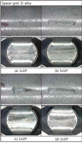 Wear scar of Zr alloy spacer grid with increasing number of cycles