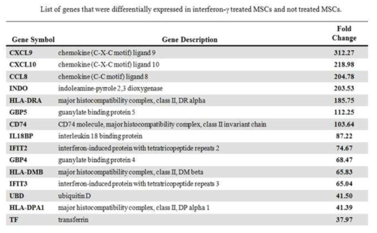 IFN-γ가 처리된 중간엽줄기세포에서 발현이 증가된 유전자 리스트