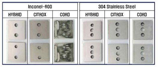 Surface appearance of Inconel-600 and stainless steel crevice-corroded in HyBRID, CITROX and CORD decontamination solution.