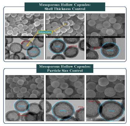 SEM and TEM images of mesoporous hollow capsules with various sizes and mesoporous shell thickness.