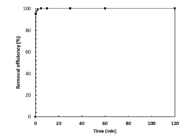 Removal efficiency of Cs in the bench-scale reactor with stirring for 2 hrs.