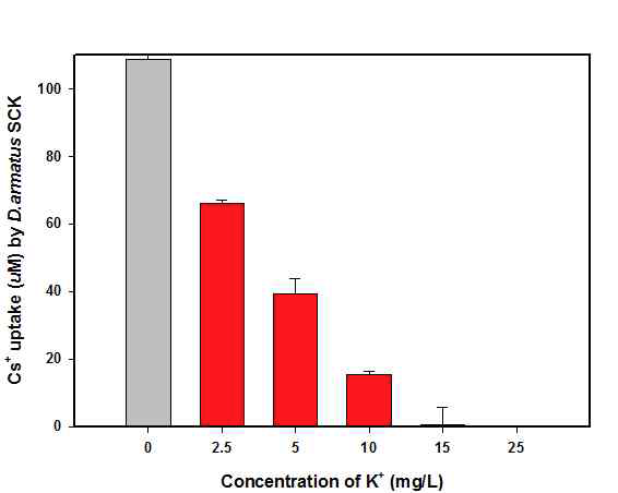 10°C에서 칼륨(K+) 농도에 따른 세슘 제거 효율