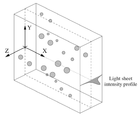 Three-dimensional volume containing a light sheet and particles used in the generation of artificial particle images