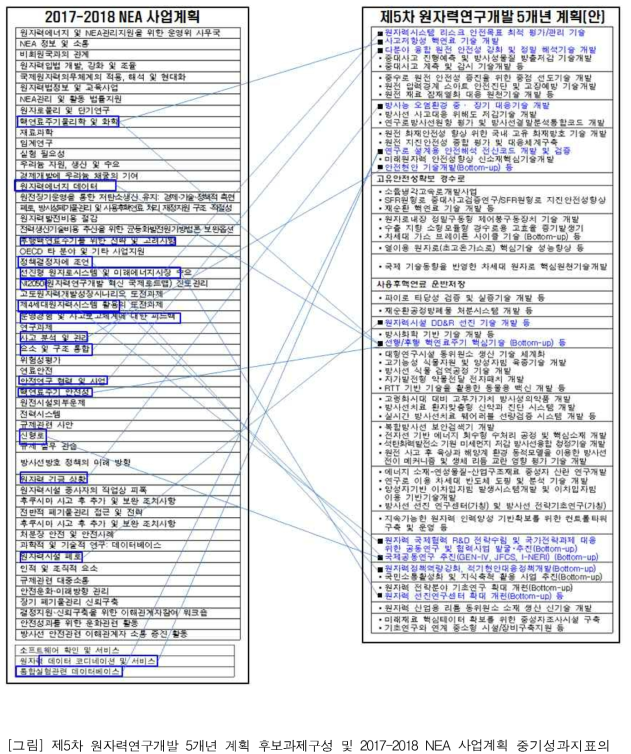 제5차 원자력연구개발 5개년 계획 후보과제구성 및 2017-2018 NEA 사업계획 중기성과지표의 연계성(중 단계)