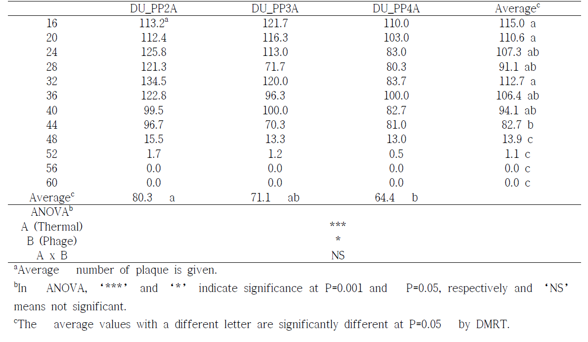 Stability of the selected bacteriophages depending on temperature