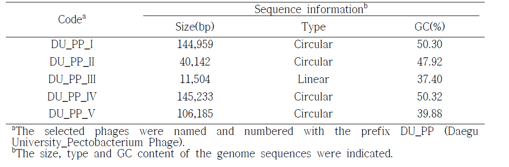 Sequence information of the five selected bacteriophages for soft rot disease.