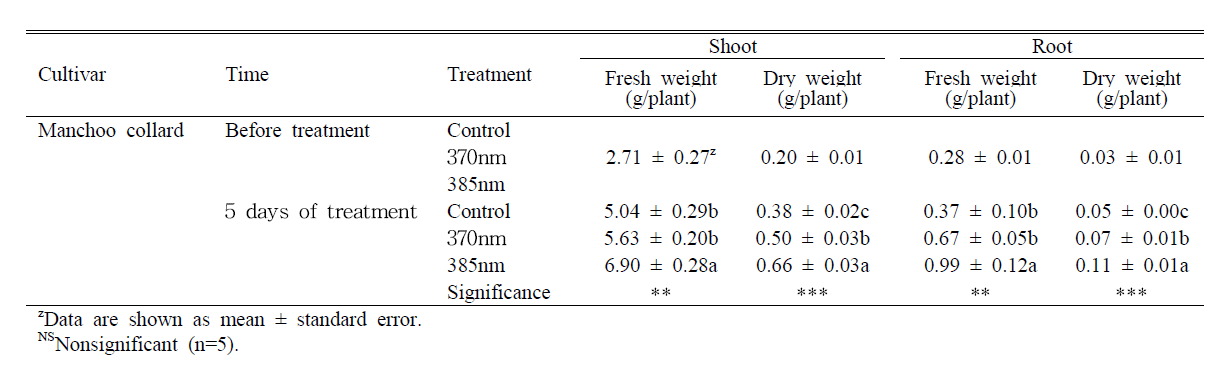 Fresh and dry weights of shoots and roots of kale plants before and 5 days of UV-A treatment