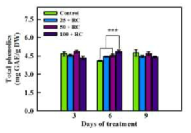 Total phenolic concentration in kale shoots grown after root cutting in the nutrient solution containing 25, 50, and 100 μM Fe-EDTA for 3, 6, and 9 days.