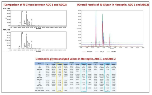 ADC의 N-glycan 분석 결과 비교 (Batch 1&2)