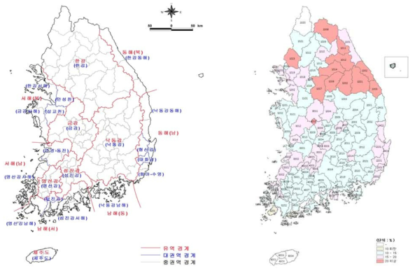 유역(좌) 및 중권역 별 지하수 항양률(우)