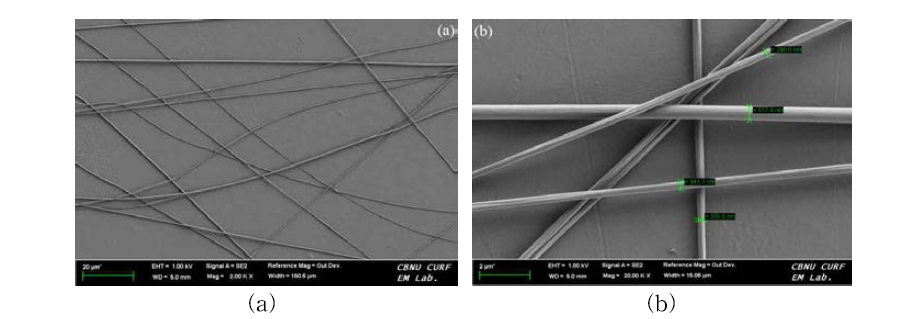 전기방사를 통해 제조된 PVA 나노섬유의 SEM 사진 (a) 저배율, (b) 고배율
