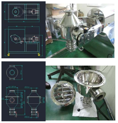tumbler mixer의 구동부 및 혼합용기 단면도와 제작된 장치