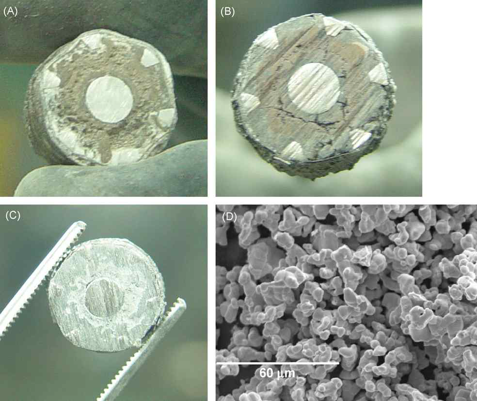 Photographs of the cross-section of the cathode basket with different supplied charges; (A) 50%, (B) 100%, and (C) 150% of the theoretical charges. (D) SEM image of the reduced metallic powder