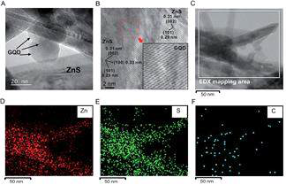 수열합성법을 통해 합성된 GQD-ZnS 나노 복합체의 투과전자현미경 이미지와 원소 분석 자료