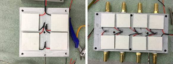 제작된 열 교환기를 이용한 열전모듈의 제작모습