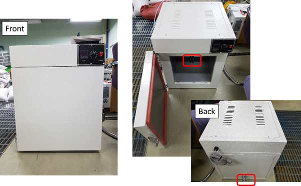 고온 공기 항온조의 전면부와 후면부의 모습