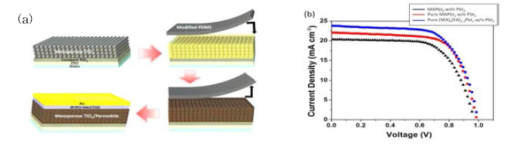 (a) 불순물 제거 순수 페로브스카이트 결정 생성 인쇄공정. (b) 태양전지 J-V 특성