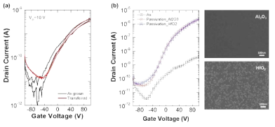 (a) As grown & transferred MoS2 film을 사용한 트랜지스터 특성 비교, (b) solution-based MoS2 film으로 제작한 TFT 소자의 passivation 효과 비교.