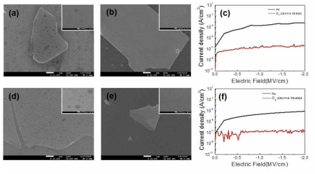 (a-c) Exfoliated WSe2 상에서의 ALD-Al2O3 증착 표면 SEM 이미지 및 I-V 그래프, (d-f) O2 plasma 표면처리된 exfoliated WSe2 상에서의 ALD-Al2O3 증착 표면 SEM 이미지 및 I-V 그래프.